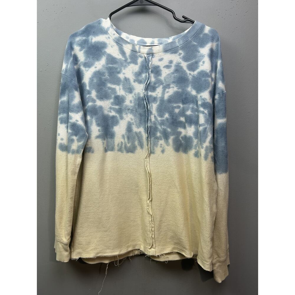Wonderly Sweater Womens Medium Blue White Tie Dye Pullover Distressed Hem Cotton